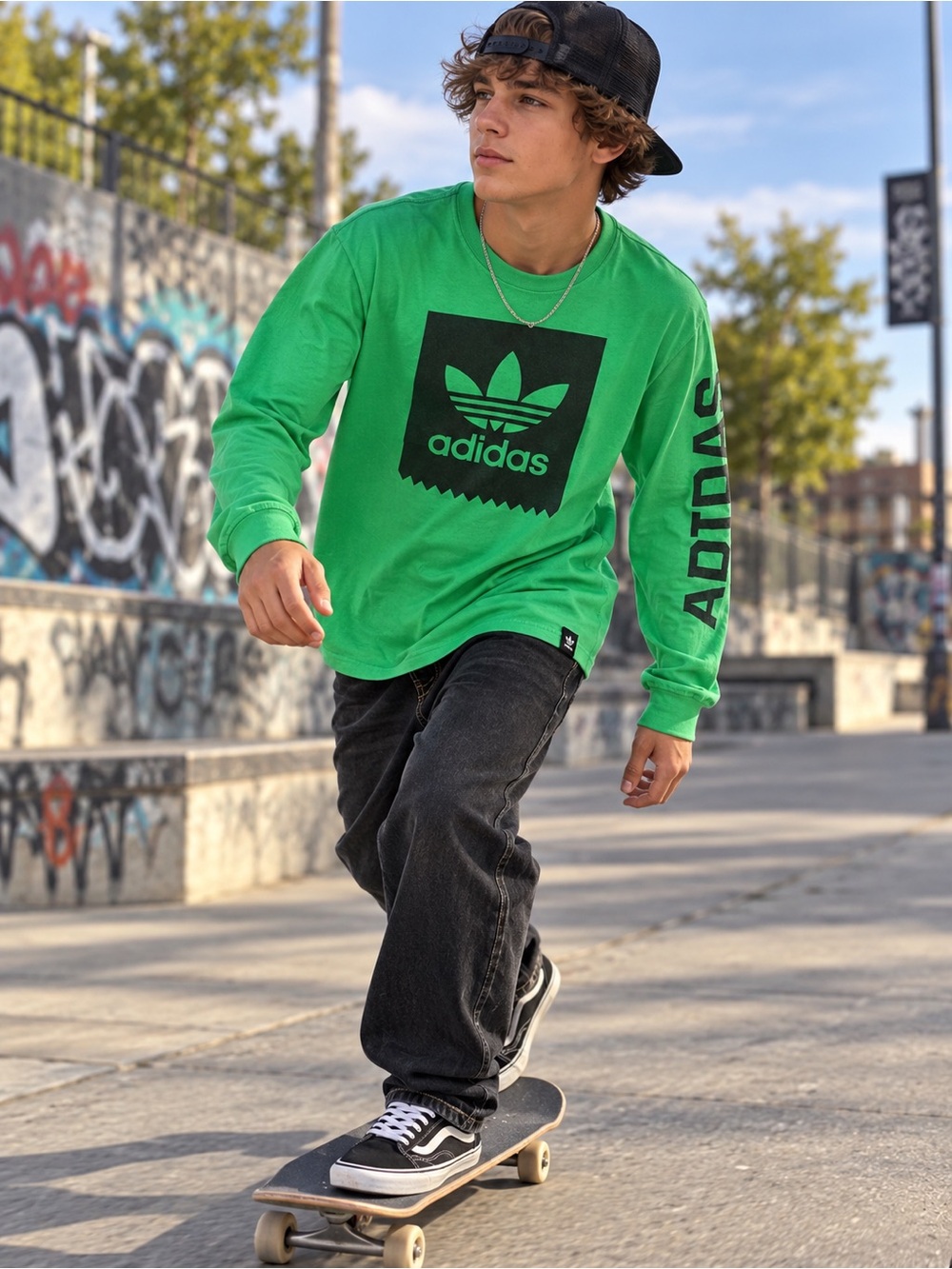 adidas Green Long Sleeve Trefoil Tee with Black Logo